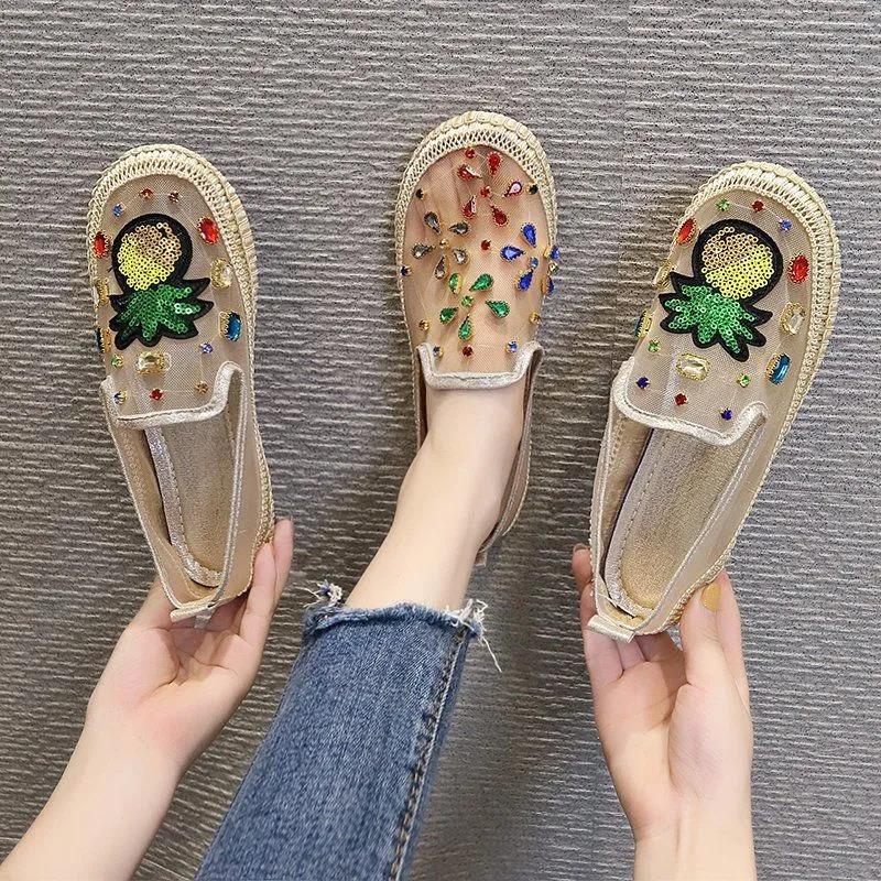 Mesh Flat-bottomed Sandals, Women's Summer Colored Diamond Embroidery, No Heel Lazy Fisherman Shoes