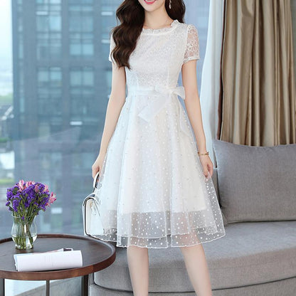 Summer Black Red White Lace Sexy Evening Sun Dress Hollow Out O-neck Ladies Party Club Dress