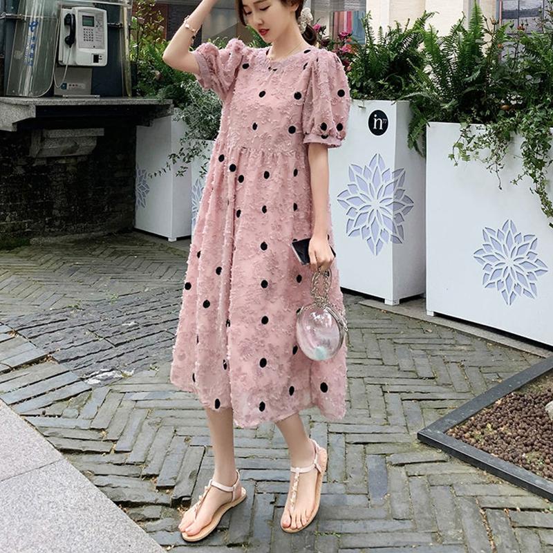 Polka Dot Dress Women's Short Puff Sleeve Round Neck Calf Length Summer M-XXL Pregnant Women Can Wear