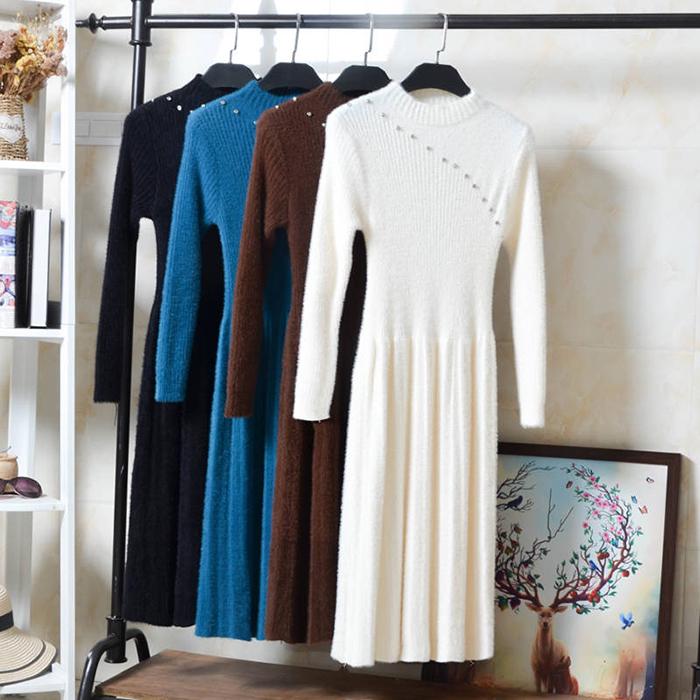 Pofulove Women Turtleneck Warm Pullover Sweater Dress Slim Solid Sweatshirts Knitted Dress Coat