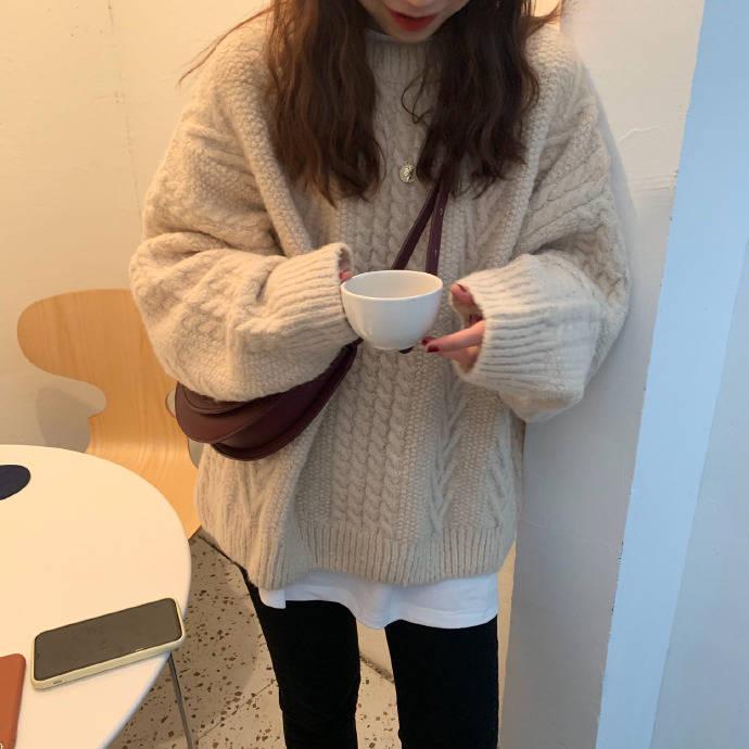 Thick Solid Color Twist Sweater Women's Winter Loose Round Neck Wild Knitted Jacket