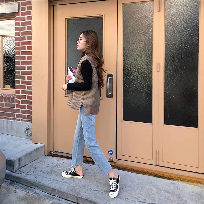 Pofulove Spring Autumn Korean Vest Knit Sweater V-neck Loose Vest Sweater Female Students Lazy Top