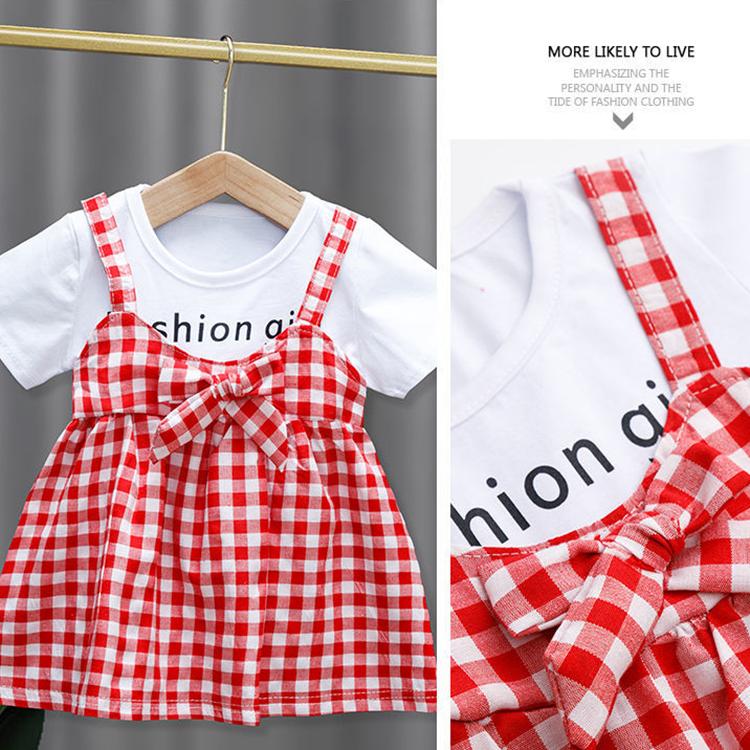 Children Dress Spring Summer Round Neck Kids Clothing Toddler Baby Girls Clothing Plaid Bow Pieated Short Sleeve Dress Girl
