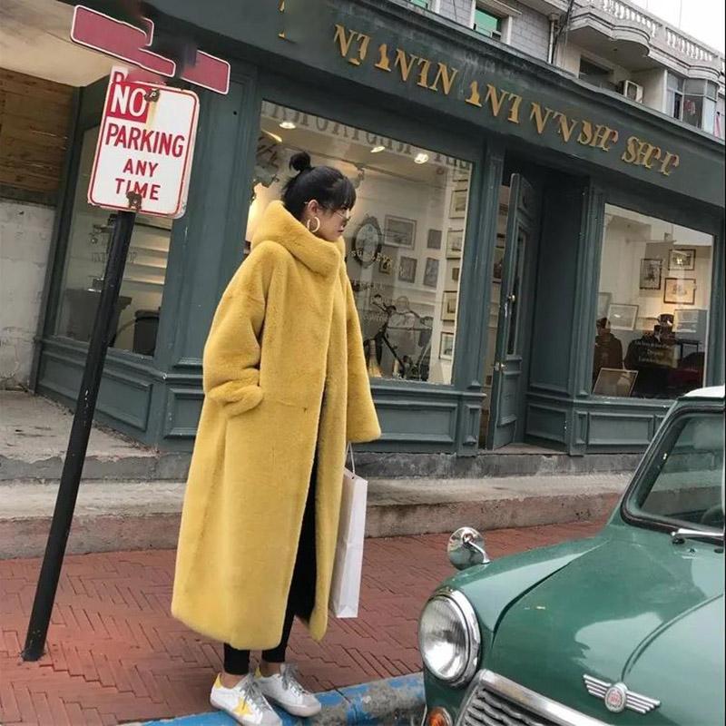 Winter Mink Fleece Jacket Hooded Thick Warm Mid-length Fur All-in-one Plush Coat for Women