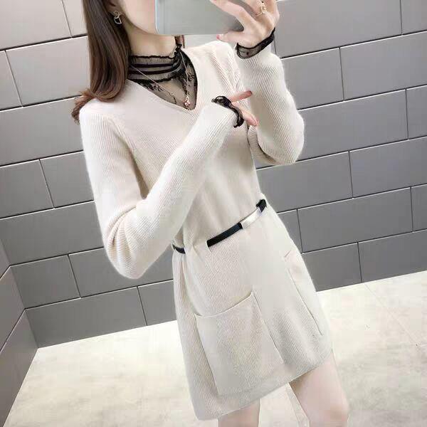 Autumn and Winter Fake Two-piece Mid-length Sweater Women Loose Waist Bottoming Sweater Skirt Lace Collar