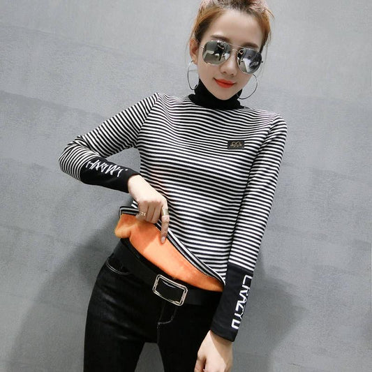 Black and white striped sweater women winter Turtleneck Pullovers long sleeve velvet thicken sweater