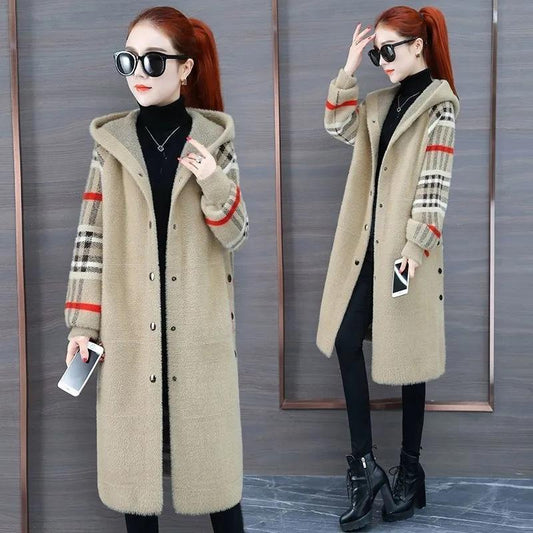 Women's Winter Hooded Coat Mid-length Thick Autumn and Winter Korean Loose Casual Button Coat Warm Clothing Plaid Hood Jacket Thick Cardigan Coat