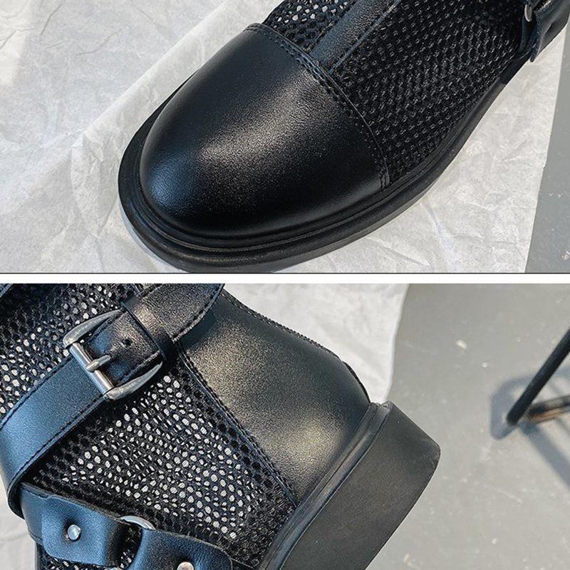 Women's Soft Leather and Mesh Martin Boots Summer Sandals All-match Back Zipper Flat Ankle Boots