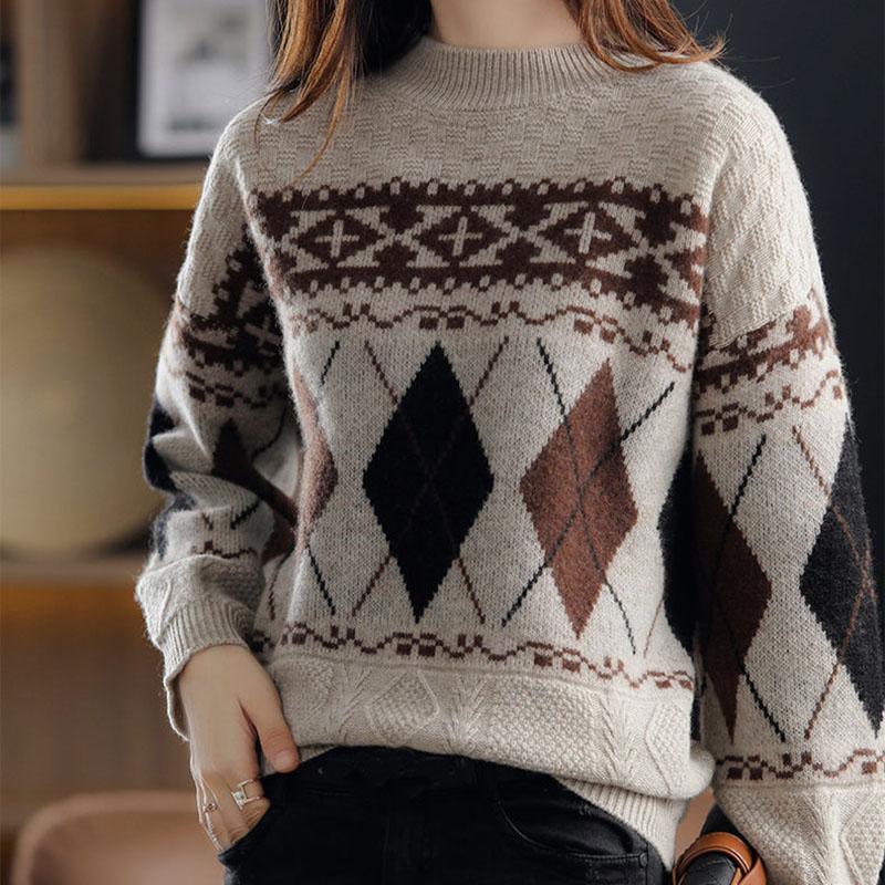Sweater Women's Rhombus Contrast Color Retro Pullover Knitwear Korean Loose Fluffy Top Trending Sweater Autumn and Winter