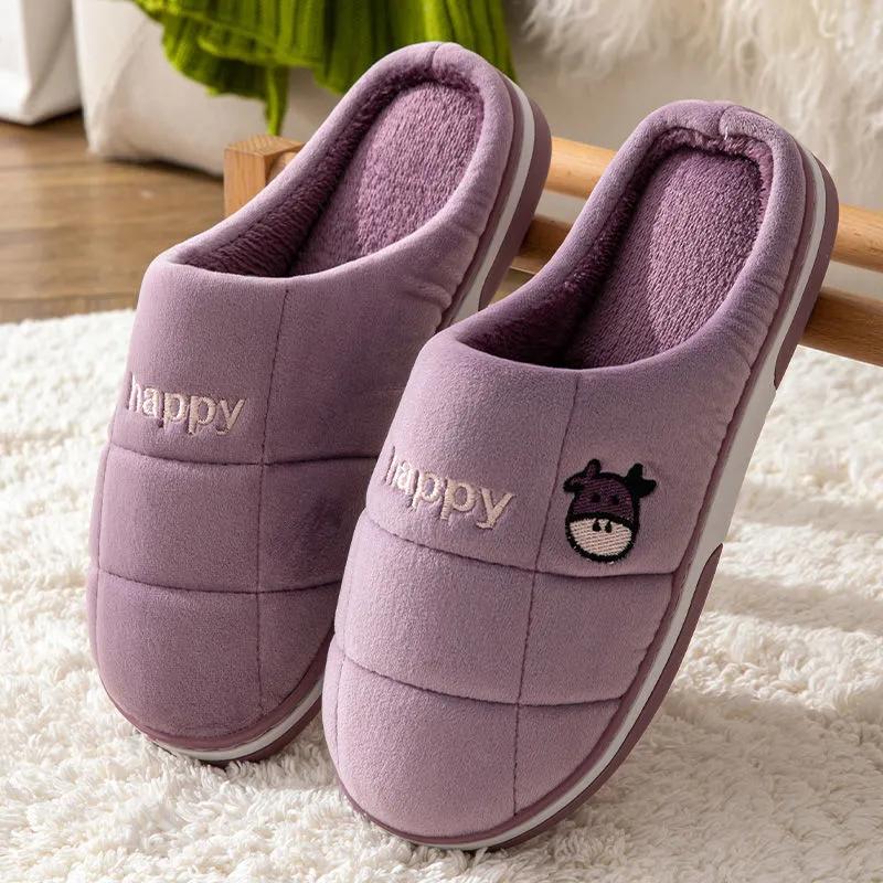Winter Slippers Women Plaid Embroidery Non Slip Warm Men Slides Thick Fleece Warm Slippers Plus Size Shoes