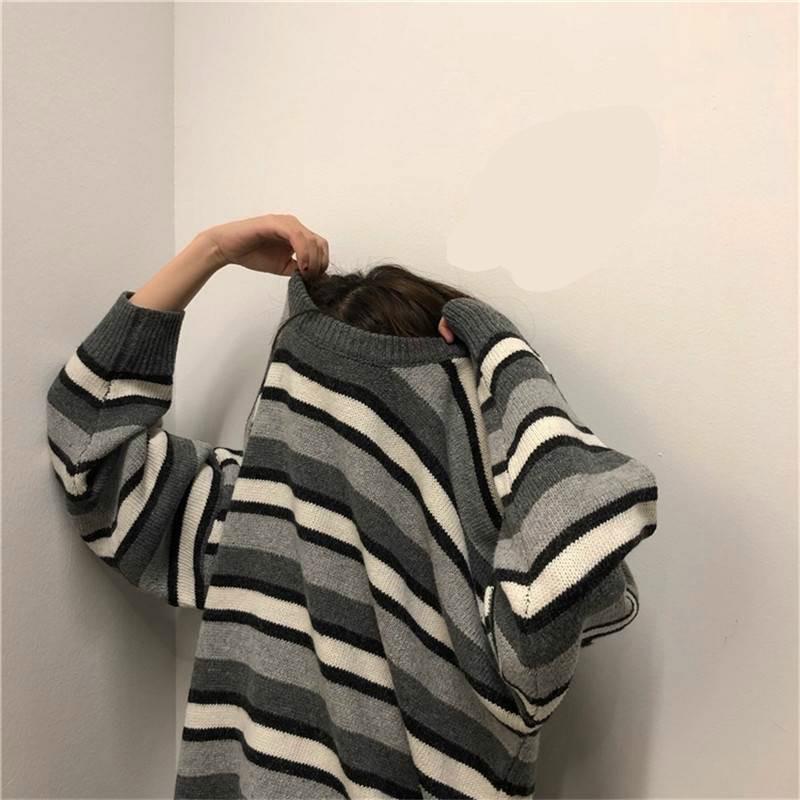 Pofulove Long Contrast Color Striped Sweet Pullover Sweater Sweater Women Sweater Autumn and Winter