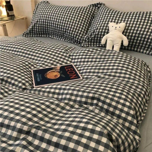 Washed Cotton Four-piece Set Korean Version Plaid Printed Quilt Cover Single Double Dormitory Four-piece Double Bed Bedding