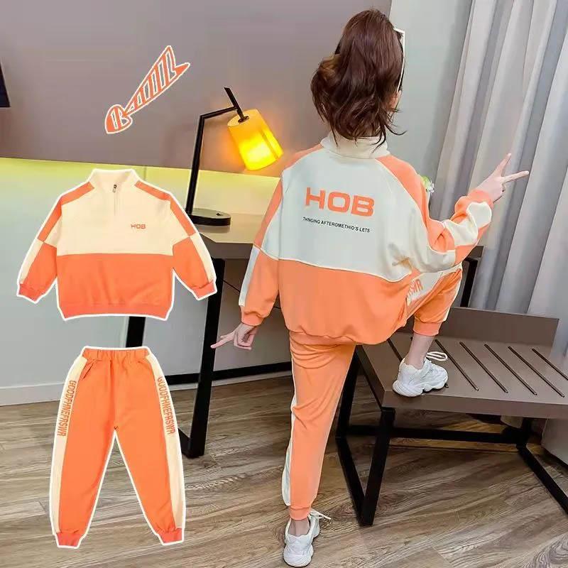 Girls Spring and Autumn Clothing, Children's Breathable Sportswear, Girls' Casual Splicing Contrast Color Printing Pullover Two-piece Set