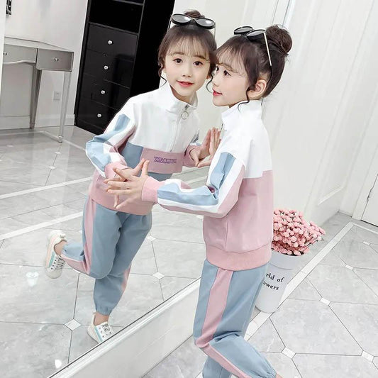 Girls Sports Suit Spring and Autumn Pullover Long Sleeve Contrast Color Design Two-piece Comfortable Casual Sports Suit