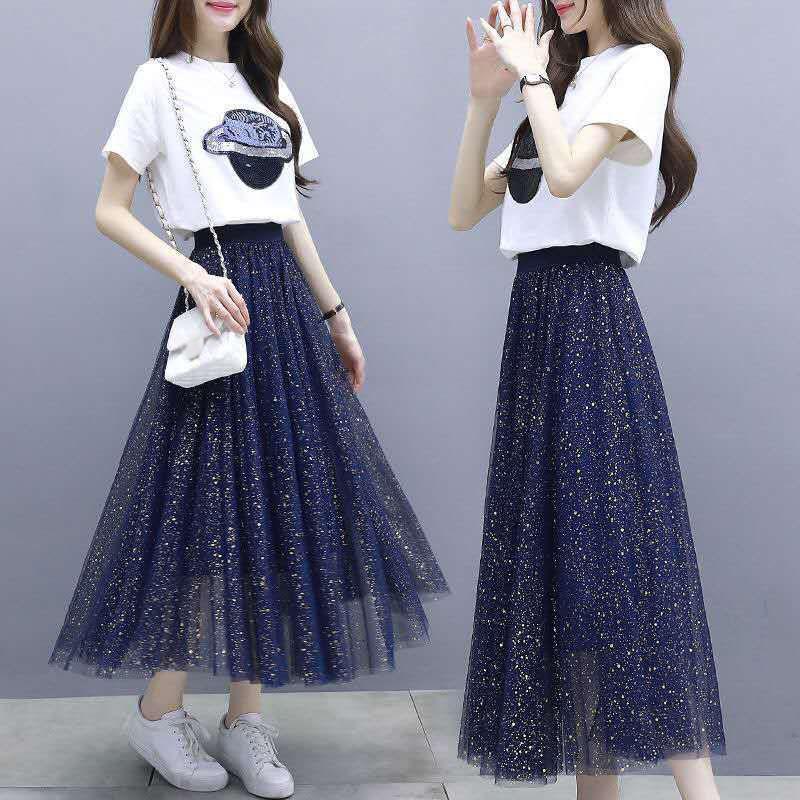 Women's One Piece / Two Piece Short Sleeve T-shirt With Gauze Korean Half Length Dress Skirt Two Piece Suit