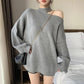 Off-the-shoulder Design Sweater Autumn Winter  Women's Loose-fitting Mid-length Thick Halterneck Sweater Tide