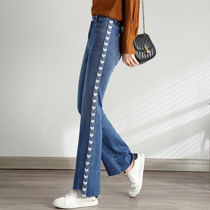 Jeans Women's New Spring and Autumn High-waisted Slim Straight-leg Pants Love Side Irregular High-end Flared Pants