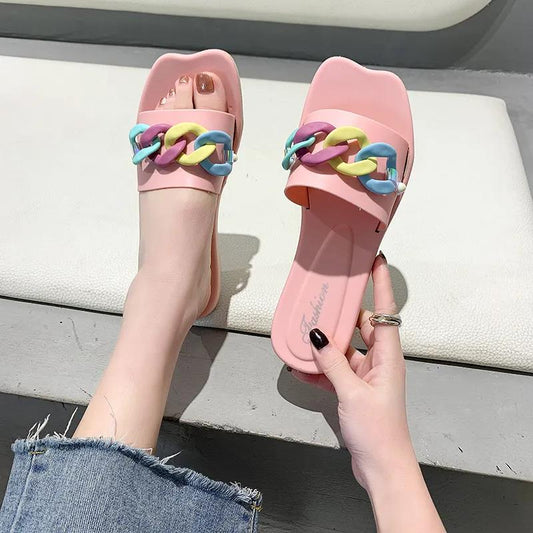 Color Slippers Women's Outer Wear Beach Shoes Non-slip Flat Slippers Women's Soft and Comfortable Simple Slippers