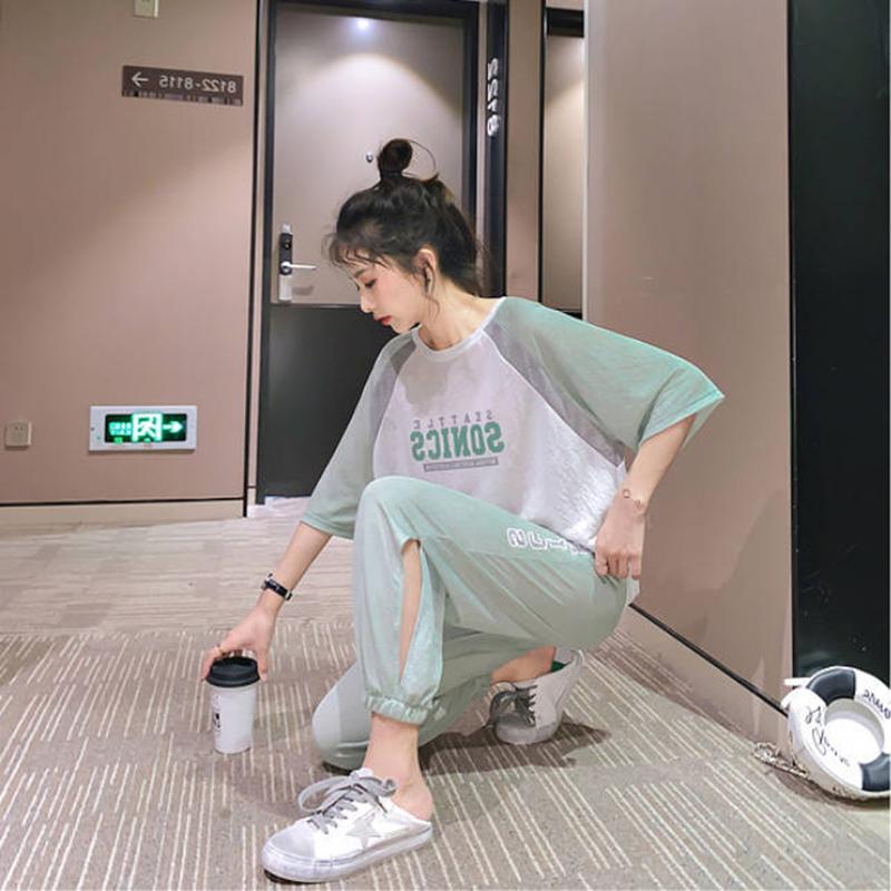 Cute Casual Sportswear Suit Female Summer Two-piece Suit Loose Cool Round Neck Short-sleeved T-shirt + Loose Sports Pants Fabric Light and Breathable