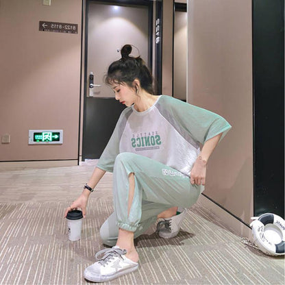 Cute Casual Sportswear Suit Female Summer Two-piece Suit Loose Cool Round Neck Short-sleeved T-shirt + Loose Sports Pants Fabric Light and Breathable