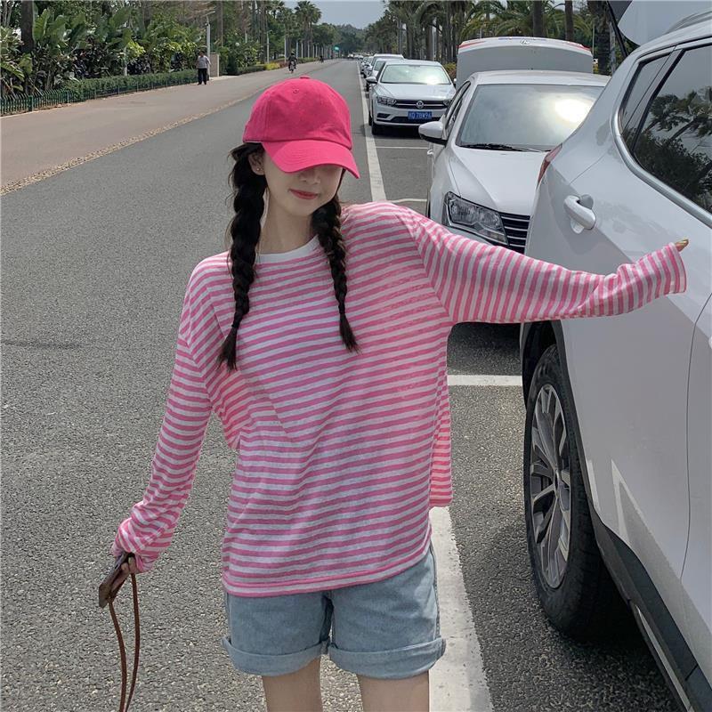 Fall Version of striped Loose Simple Long-sleeved T-shirt Women Simple top Blouse Tee