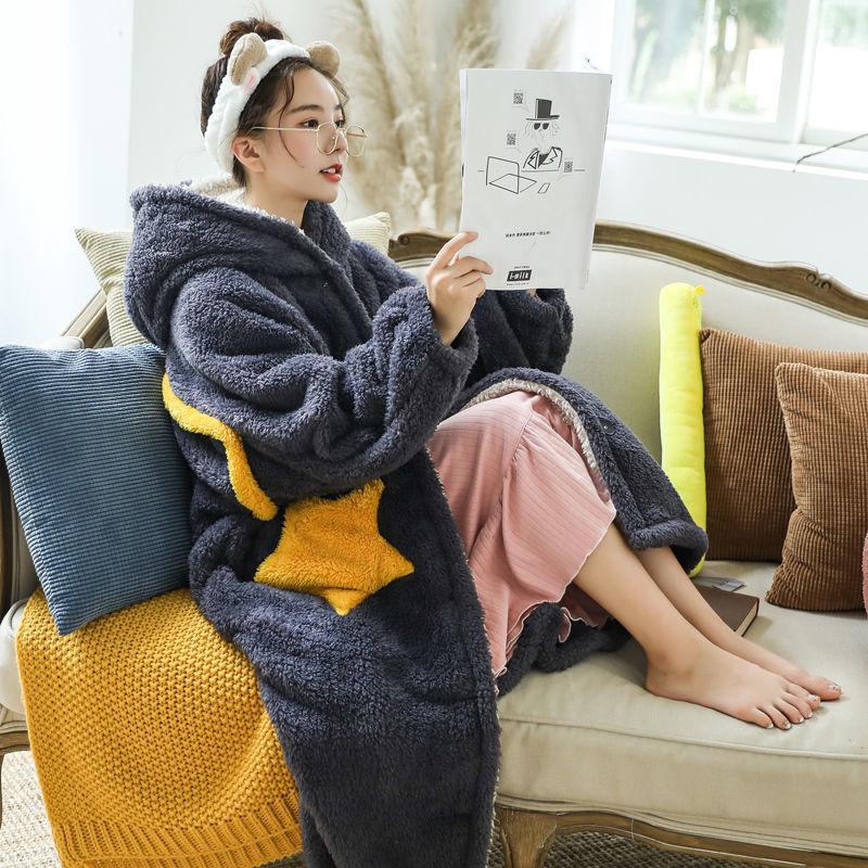 Pajamas Women Autumn and Winter Coral Fleece Stars Long Style Can Be Worn Outside Flannel Plus Size Nightgown Women Winter Night Skirt Home Service