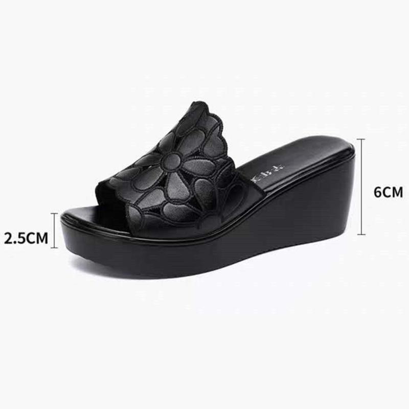 Wedge Heel Slippers Women's Sponge Cake Thick Bottom Fish Mouth Flip Flops Soft Bottom Black Hollowed Out Sandals and Slippers