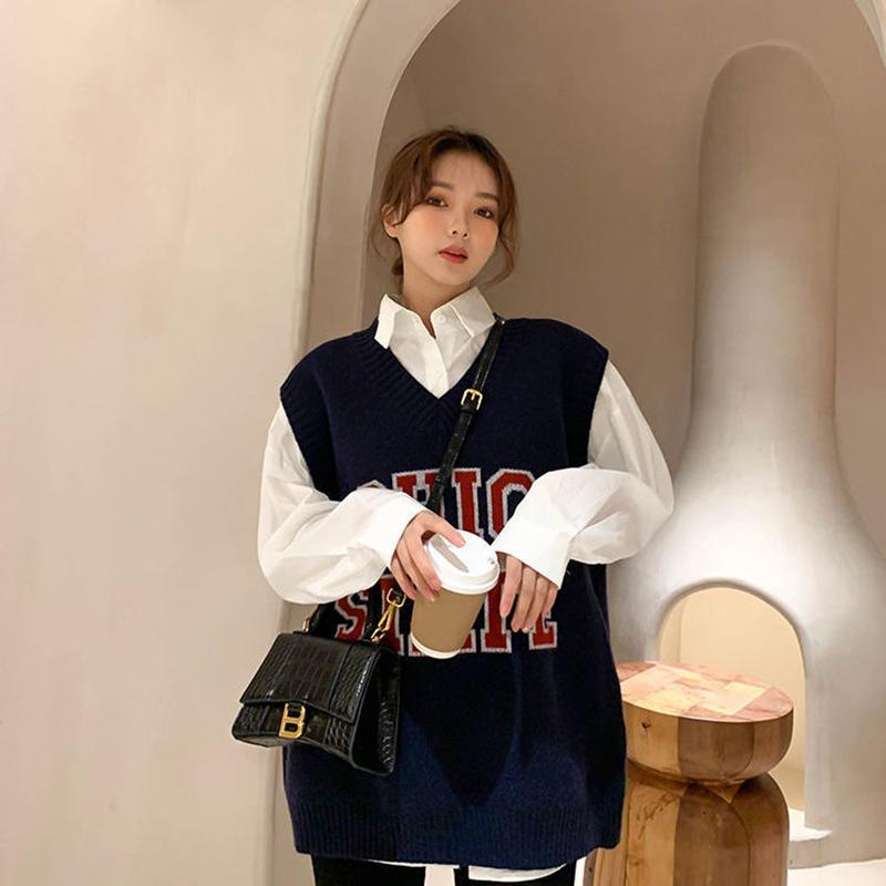 Letter V-neck Knitted Waistcoat Female Autumn Korean Version Was Thin and Western Style Wild Sleeveless Waistcoat Waistcoat