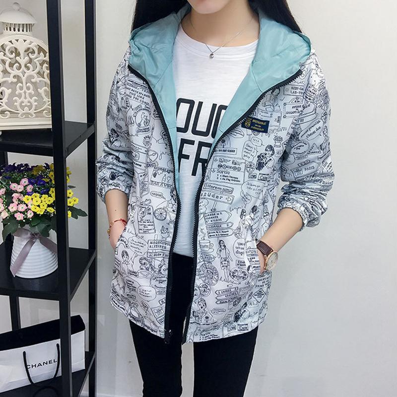Women's Jacket Spring Summer Pocket Zipper Hooded Two Side Wear Outwear Coat Loose Plus Size Windbreaker Jackets Famale