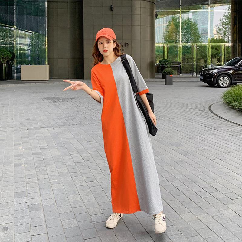 Oversized Women's Cotton Loose Stitching Color Women's Summer Dress Short Sleeve Long Over The Knee Dress