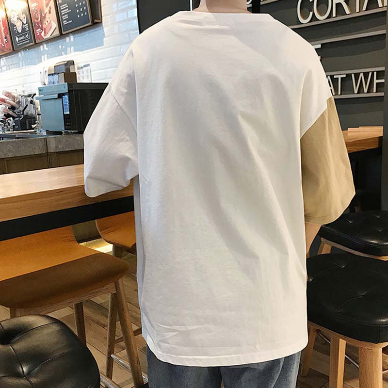 Short-sleeved Male Student Loose Summer Men's Round Neck Colorblock Print Loose T-shirt Casual All-match Top