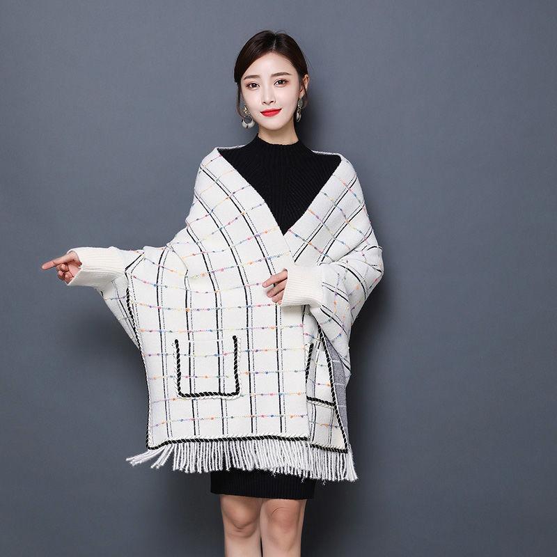 Women's Shawl with Sleeves Autumn and Winter Knitting Waterproof Mink Fleece Slim Slimming Outer Thick Plaid High-end Cloak Temperament Wrap