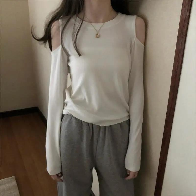 Off Shoulder T Shirt Casual Loose Clothes Tops Pure color Leisure Long Women pullover