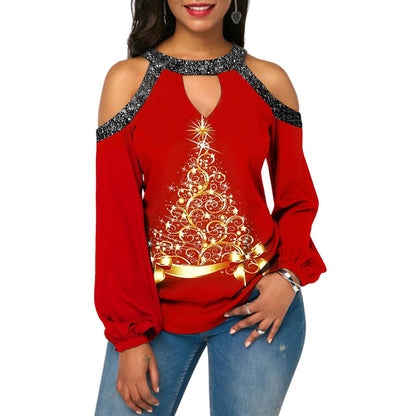 Printed T-shirt Sparkling Stitching Off Shoulder Festival-themed Shirt Women's Long-sleeved Blouse Sexy Halter Streetwear Shirts