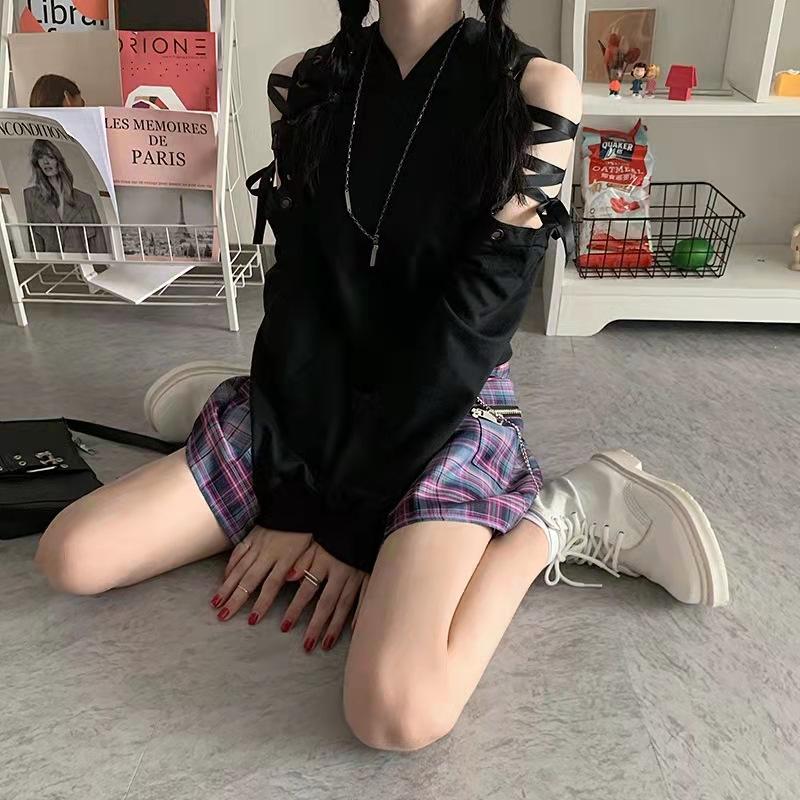 Gothic Crop Hoodie Women Sweatshirt Goth Cute Cat Crop Top Pullover Long Sleeve Hooded