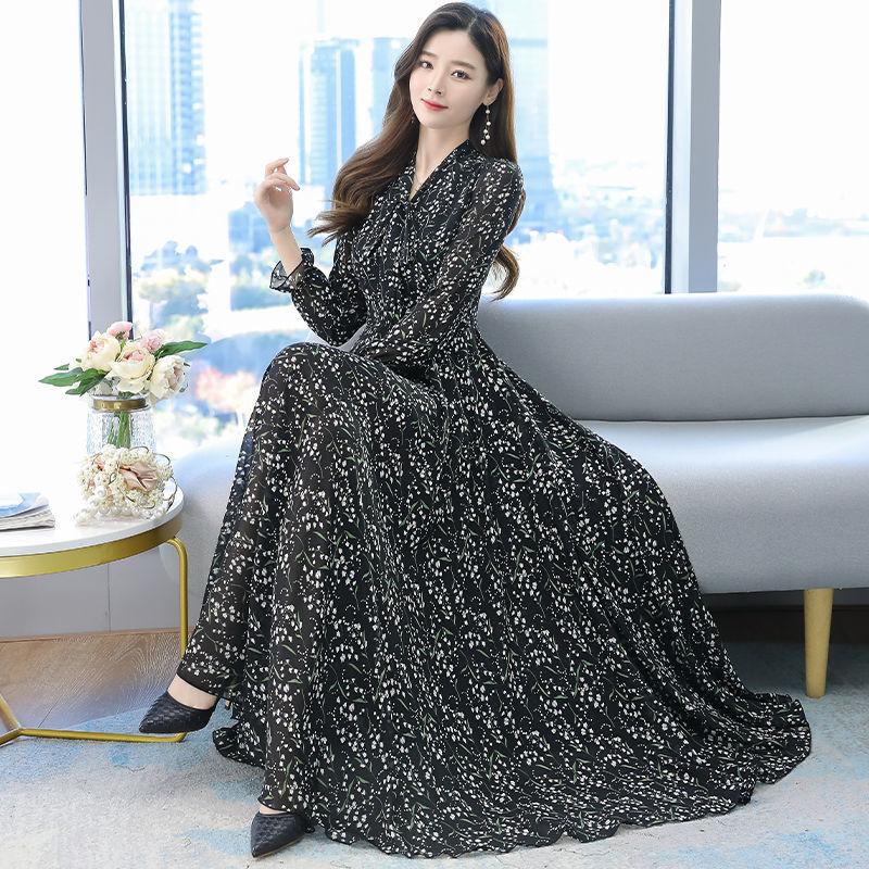 Chiffon Long Sleeve Dress Spring and Autumn Floral Chiffon Super Fairy Waist Beach Dress Long Skirt Fabric Lightweight Breathable
