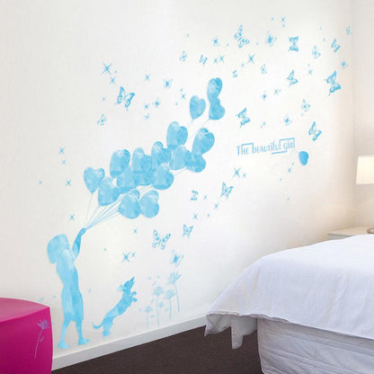 [Love balloon girl] wall stickers removable PVC transparent film blue love wallpaper