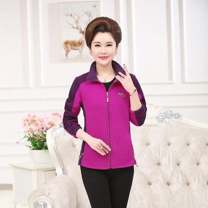 Middle-aged Elderly Women's Polar Fleece Sports Jacket Spring and Autumn Stand Collar Splicing Loose Outdoor Casual Solid Color Short Top
