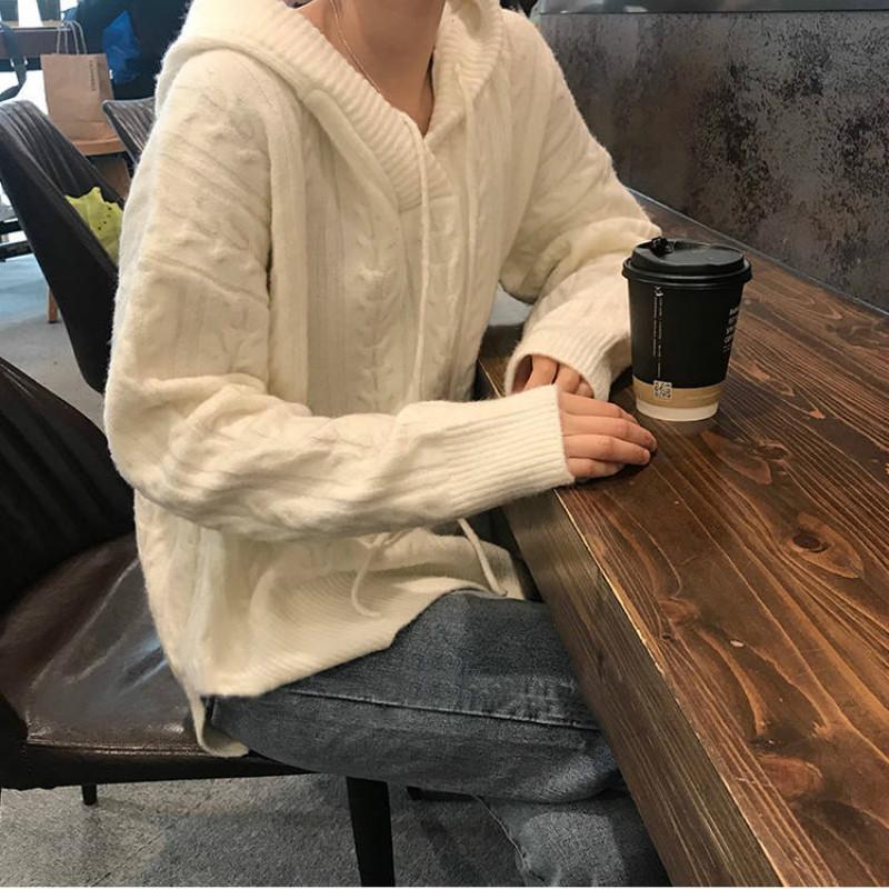 Pofulove Autumn Winter Solid Color Loose Korean Twist Hooded V-neck Sweater Women's Base Shirt