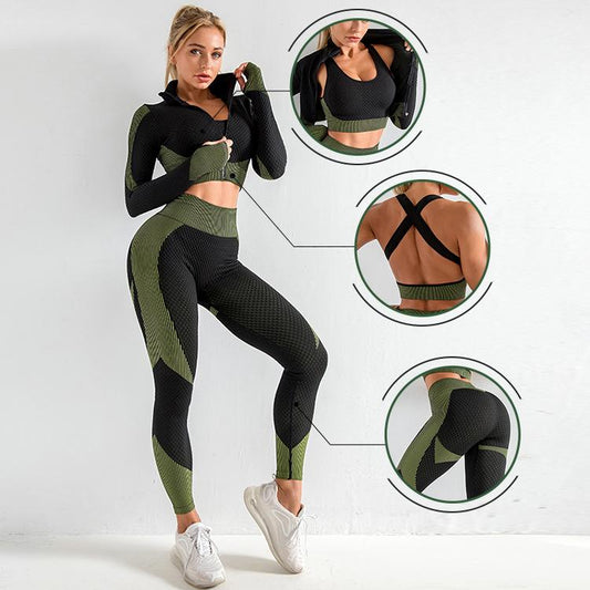 3PCS Seamless Knitted Yoga Suit Set Four Seasons Universal Hip Lift Fitness Sports Suit Gym Running Trousers Vest Long-sleeved Jacket Three-piece Set