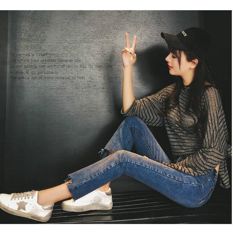 WTEMPO Straight Jeans Female Students' Pants Were Thin and Elastic Nine Points Micro Pull Pants Women