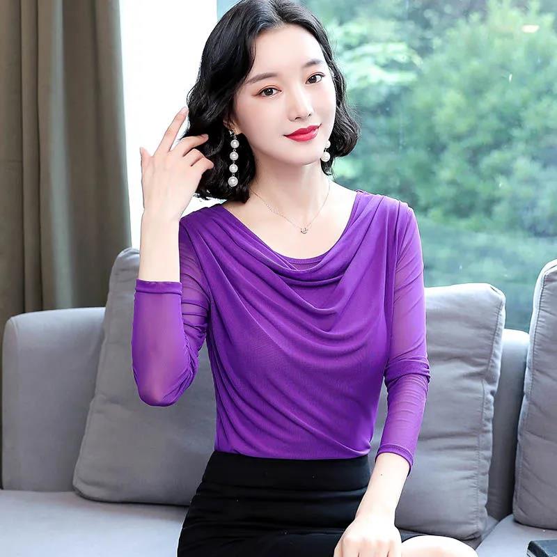 Bottoming Shirt Women's Thin Spring and Autumn Mesh Top Fashion Small Shirt Slim Slim T-shirt Long Sleeve
