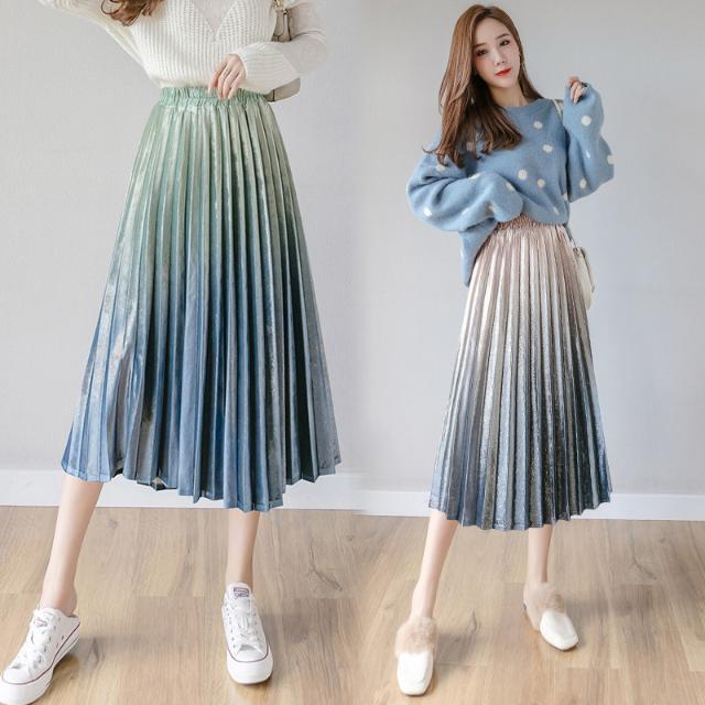 Spring Women Long Metallic Silver Maxi Pleated Midi Skirt High Waist Elascity Casual Party Skirt