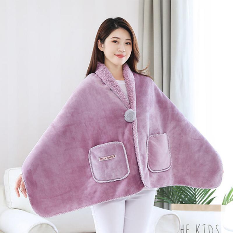 Autumn  Winter Multi functional Shawl Blanket Office Nap Blanket Thick Flannel Lamb Wool Blanket Knee Blanket Fur Ball Pocket Mantle Shawl