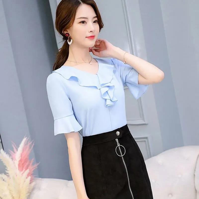 Chiffon Shirt Women's Short-sleeved V-neck Slim Slimming Casual Large Size Trumpet Sleeve Top Chiffon Temperament Shirt Easy To Wear Shirt