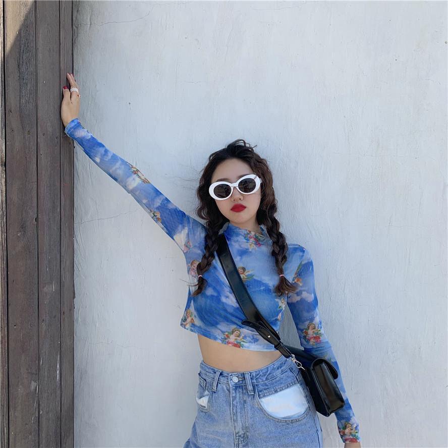 Printed Transparent Mesh Sexy T-Shirt Women O-Neck Long Sleeve Slim Basic Casual Female Tops