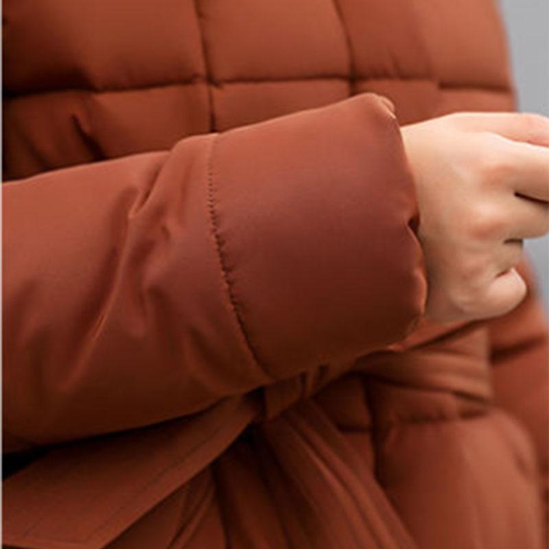 Lace-up Long Cotton-padded Jacket Women's Knee-length Thick Warm Fur Collar Hooded Down Cotton Jacket