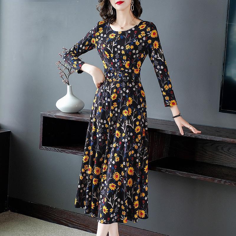 M-XXXXXL Plus Size Women Summer Printed Floral Over-the-knee Dress Round Neck Long Sleeve A-line Skirt