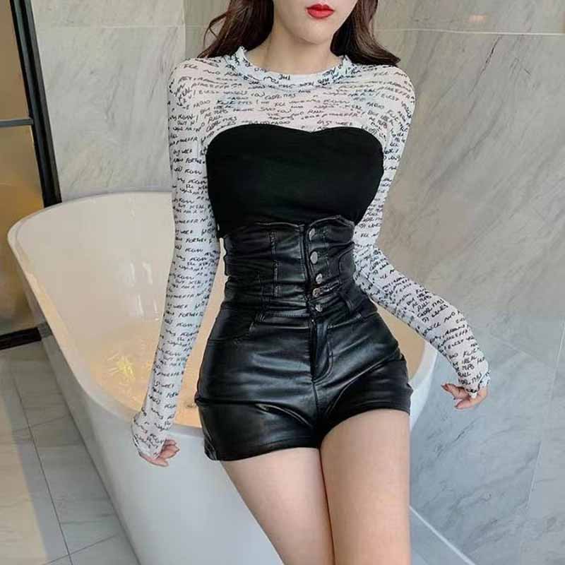 PU Leather Shorts Women's Autumn and Winter Models Waist High Waist A-shaped Leather Pants Black High and Thin Boots Trousers Retro Style