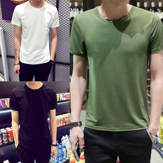 Summer Men's Short-sleeved Round Neck Bottoming Shirt Student Solid Color T-shirt Youth Wild Plus Size Slim T-shirt Top